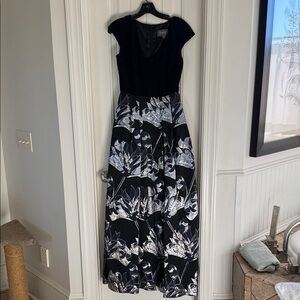 Theia Black, Silver and Navy Floral ball gown